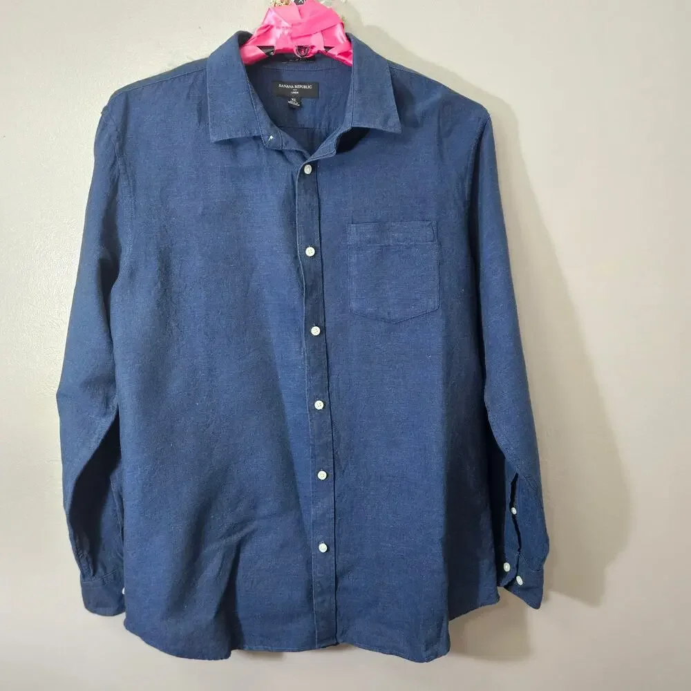 Banana Republic Mens XL Navy Linen blend Slim Fit Long Sleeve Shirt Minimalist